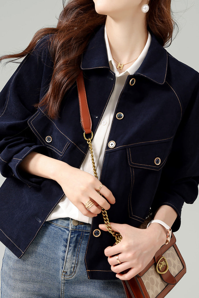 Fashionable Folded Collar Denim Jacket