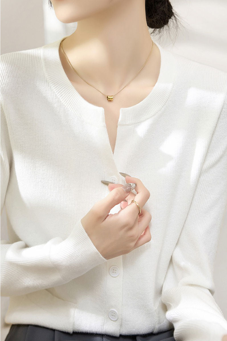 Solid Color Versatile Round Neck Knit Cardigan