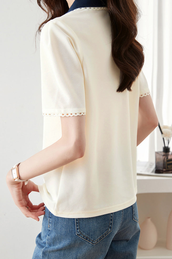 Polo Collar Lace Decor Tuck Sleeve Shirt