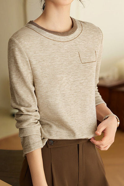 Casual Minimalist Color-Block Long-Sleeve T-Shirt