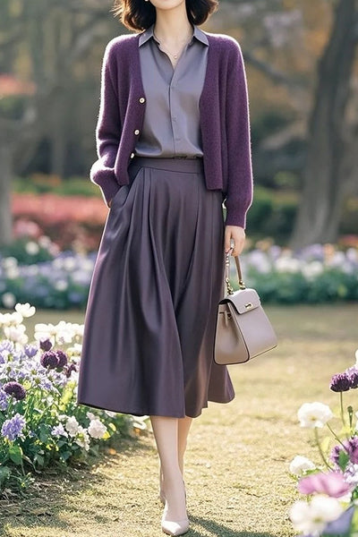 Casual Knit Cardigan, Shirt & Skirt Three-Piece Set