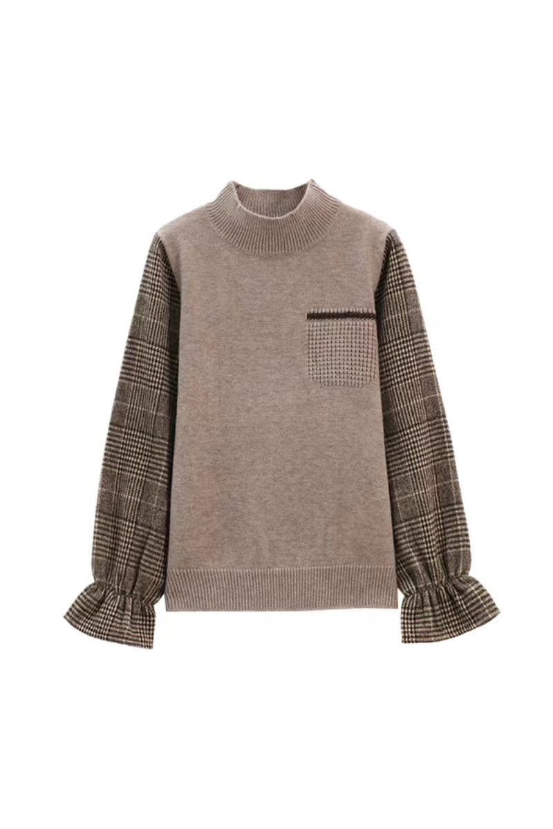 High Neck Houndstooth Contrast Knit Top - 3 Colors Available
