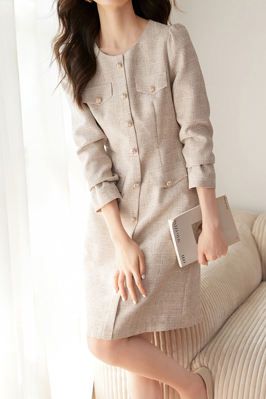 Elegant No-Collar Button Decor Dress with Lining