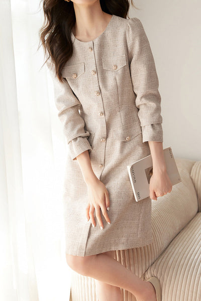 Elegant No-Collar Button Decor Dress with Lining