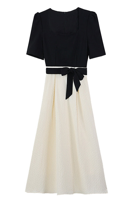 Bi-Color Square Neck Tie-Belted Flare Dress with Lining