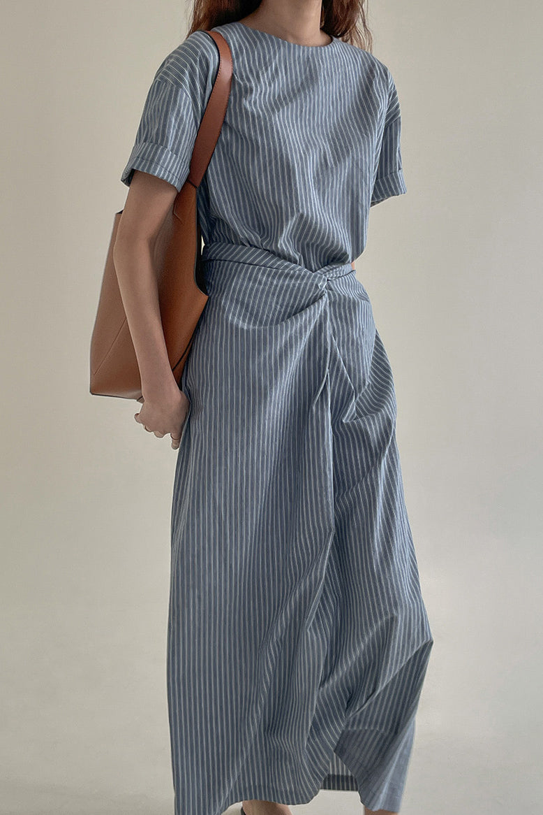 Cross Belt Back Slit Long Stripe Dress