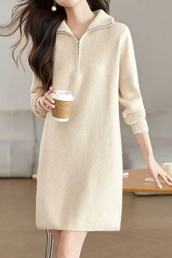 Fashionable Half-Zip Loose Sweater Dress