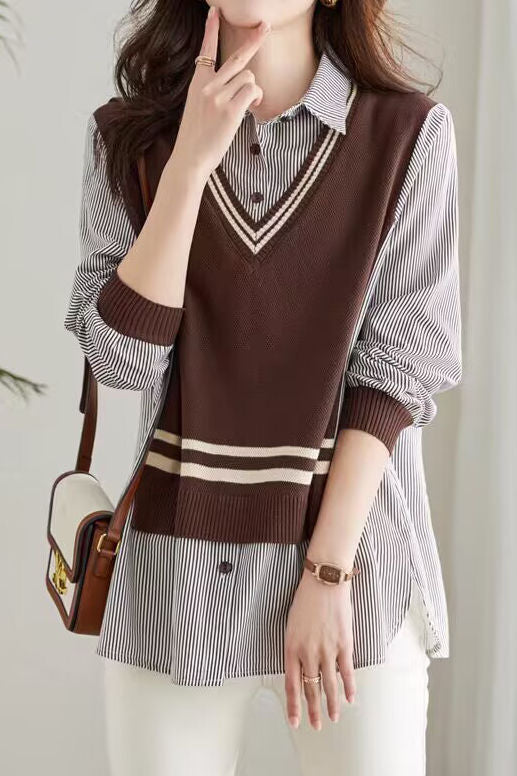 Early Autumn Casual Fake Two-Piece Spliced Shirt