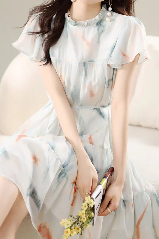 Ruffled Collar Flare Sleeve Tiered Dress with Lining