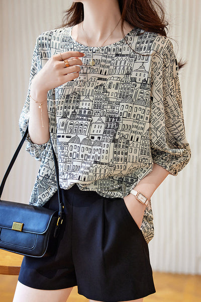 Round Neck Illustrated Print Short Sleeve Blouse