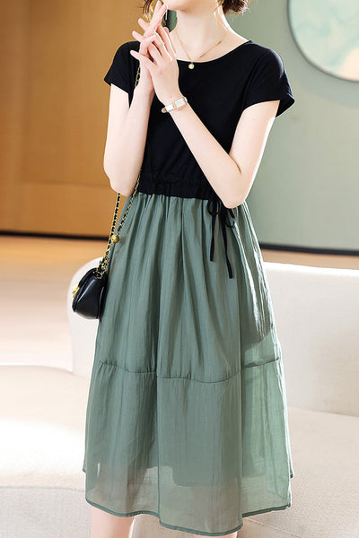 Round Neck Docking Prairie Dress with Lining