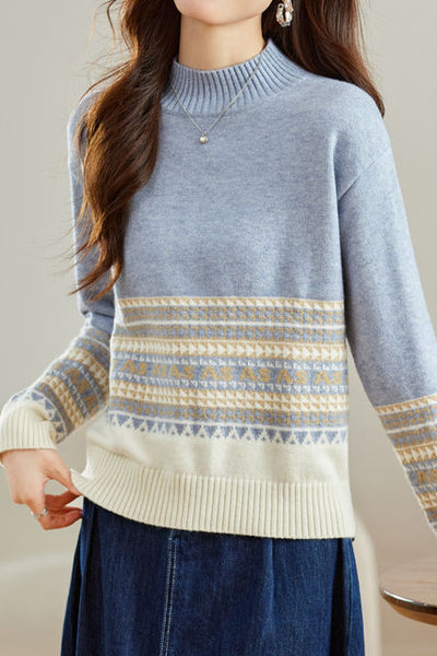 Slouchy Half-High Neck Color-Block Knit Top