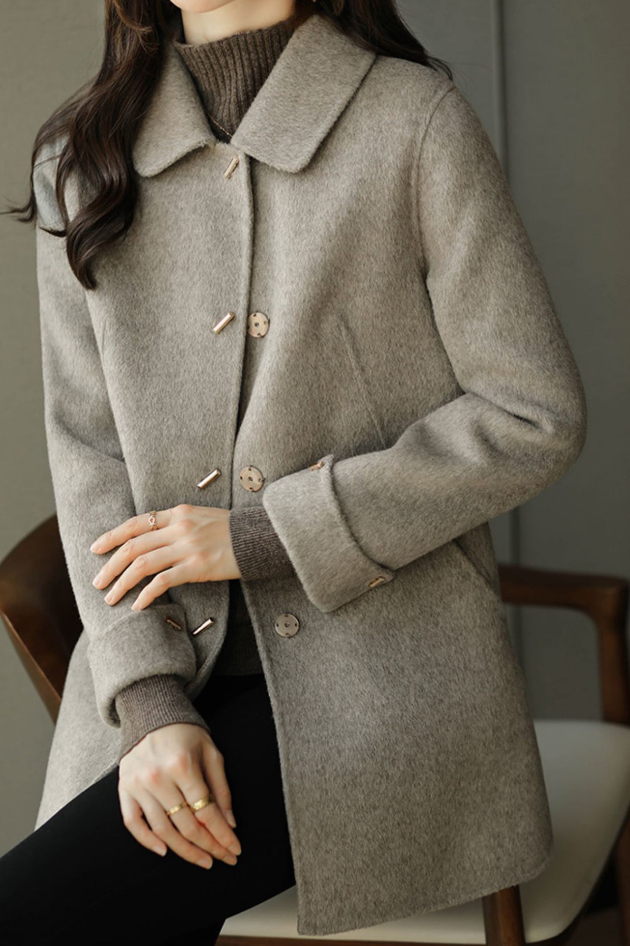 Stand Collar Turn-Up Cuff Melton Coat with Lining