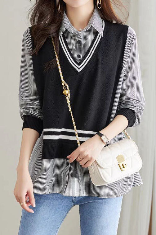 Early Autumn Casual Fake Two-Piece Spliced Shirt