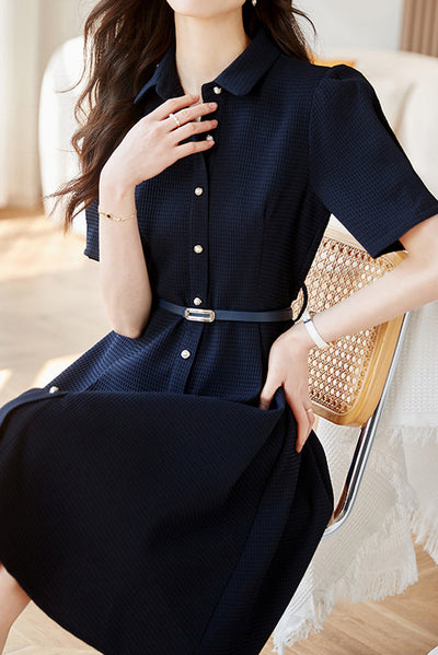Shirt Collar Belted Waffle Dress