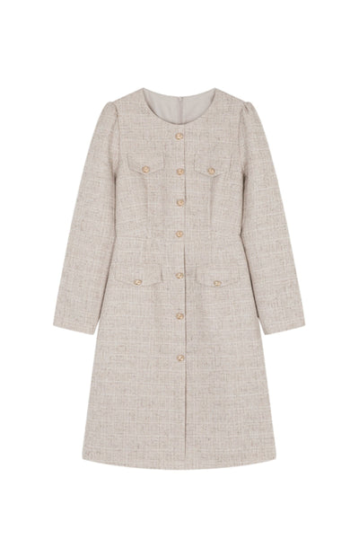 Elegant No-Collar Button Decor Dress with Lining