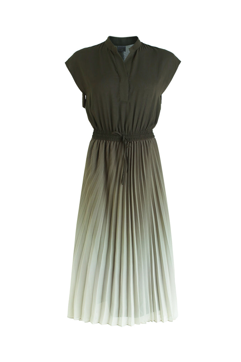 Key Neck Ombre Pleated Dress with Lining