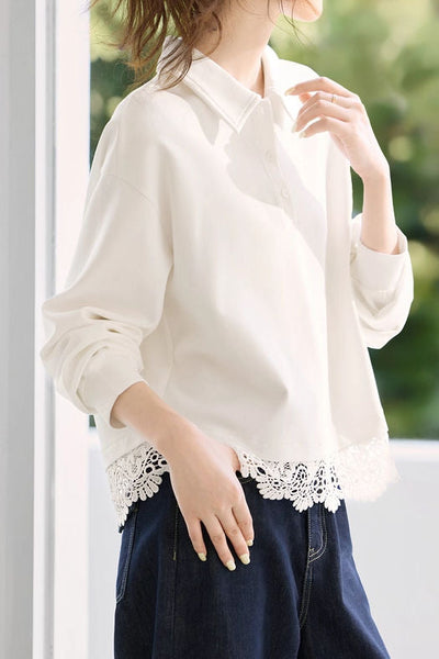 Versatile Fashionable Lace Patchwork Polo Sweatshirt