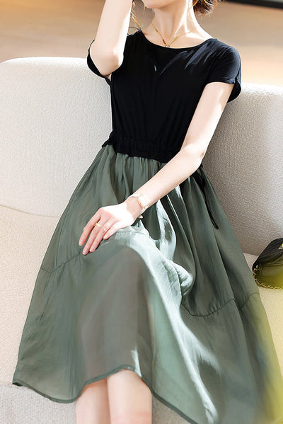 Round Neck Docking Prairie Dress with Lining