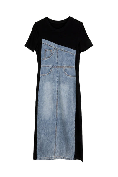 Mixed Material Contrast Back Slit Long Shift Denim Dress