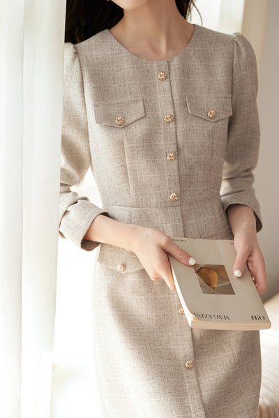 Elegant No-Collar Button Decor Dress with Lining