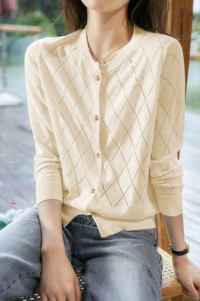 Round Neck Open Knit Check Pattern Cardigan - 3 Colors Available