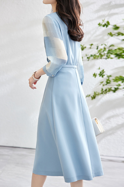 Mixed Material Sheer Check Contrast Crossover Belt Long Dress - 2 Colors Available