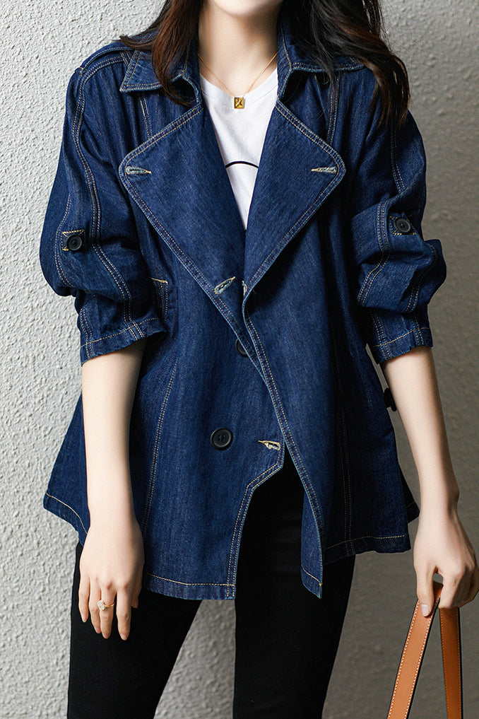 Lapel Collar Drawstring Denim Jacket