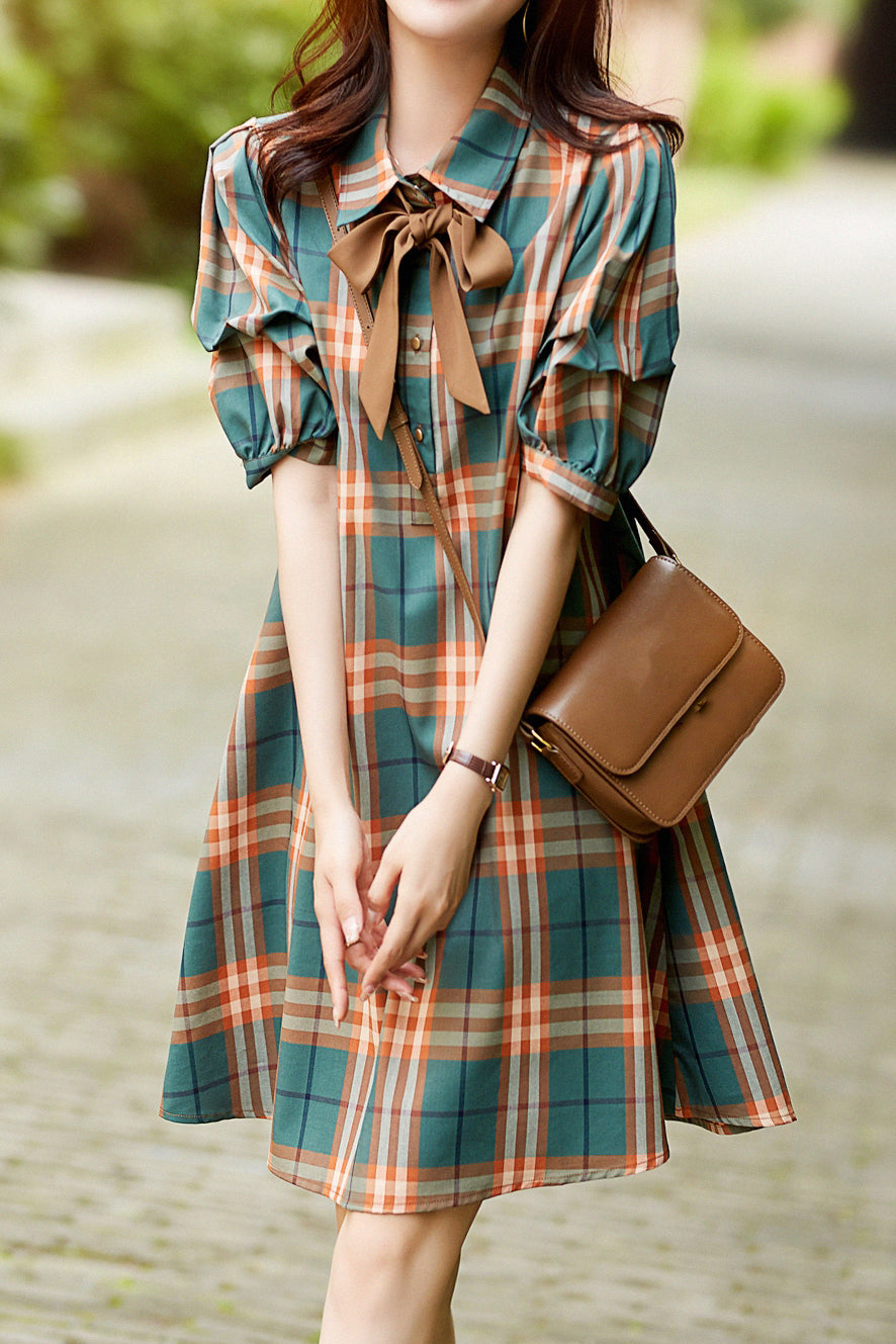 Ribbon Tie Check Pattern Dress