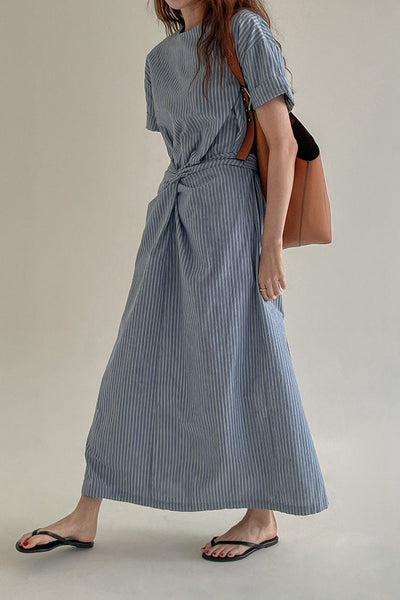 Cross Belt Back Slit Long Stripe Dress
