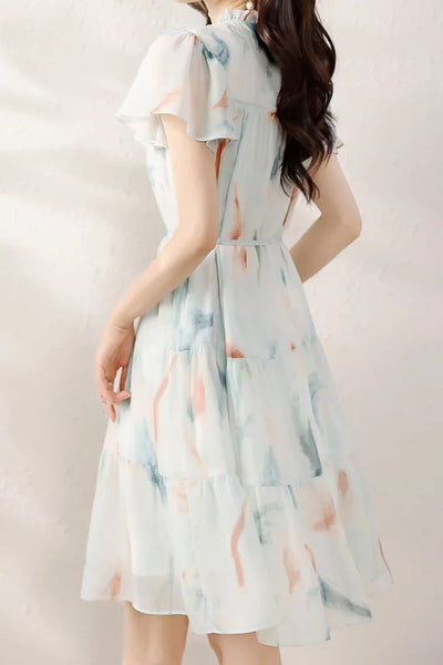 Ruffled Collar Flare Sleeve Tiered Dress with Lining