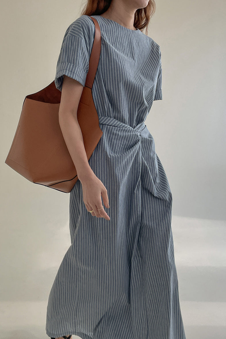 Cross Belt Back Slit Long Stripe Dress
