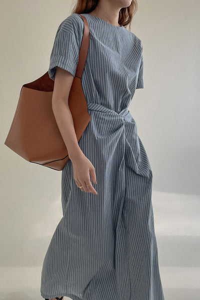 Cross Belt Back Slit Long Stripe Dress