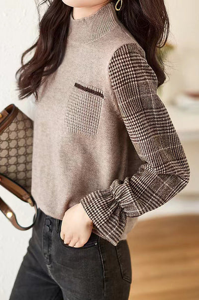 High Neck Houndstooth Contrast Knit Top - 3 Colors Available