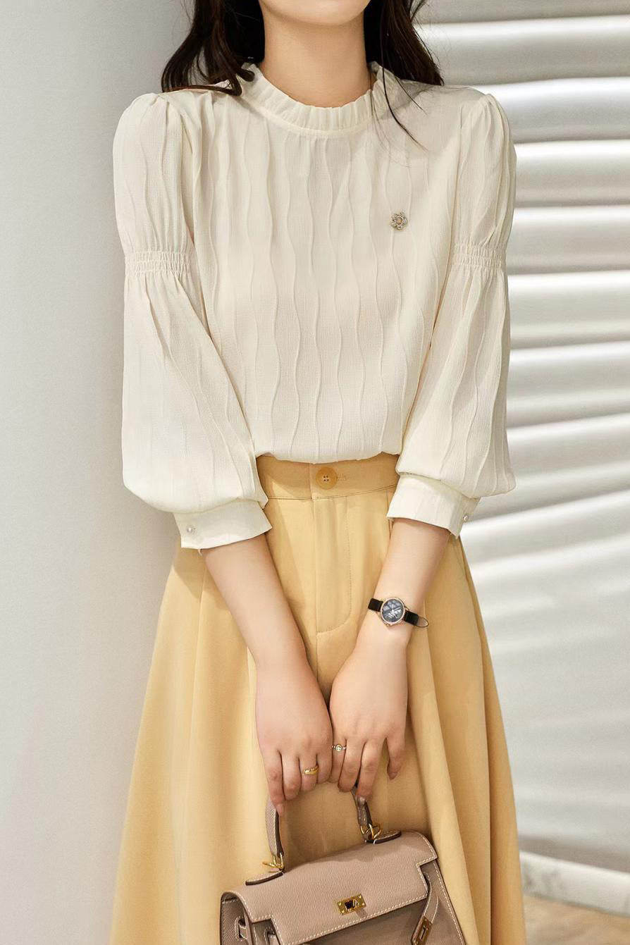 Ruffled Collar Flower Brooch Decor Striped Blouse - 3 Colors Available