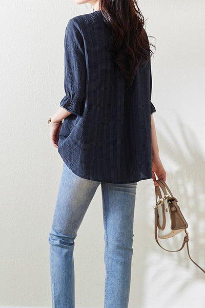 V-neck Piping Contrast Check Gathered Blouse