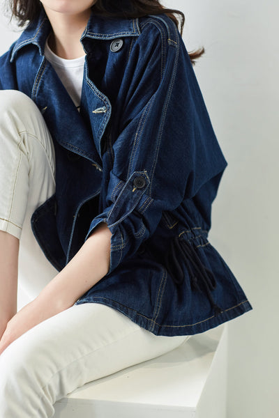 Lapel Collar Drawstring Denim Jacket