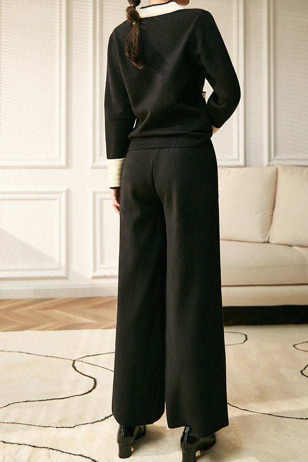 Elegant Contrast Color Patchwork Knit Top & Wide-Leg Pants Two-Piece Set