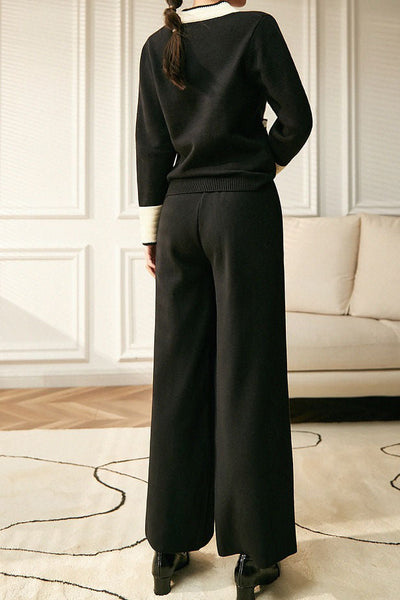 Elegant Contrast Color Patchwork Knit Top & Wide-Leg Pants Two-Piece Set
