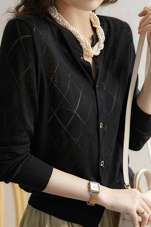 Round Neck Open Knit Check Pattern Cardigan - 3 Colors Available