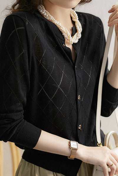 Round Neck Open Knit Check Pattern Cardigan - 3 Colors Available