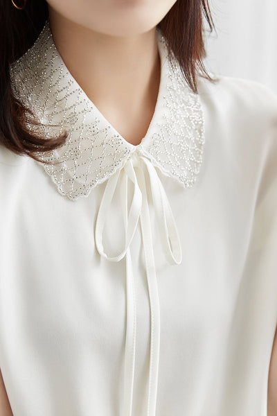 Double Flat Collar Ribbon Tie Blouse - 2 Colors Available