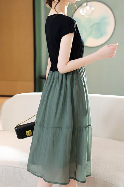 Round Neck Docking Prairie Dress with Lining