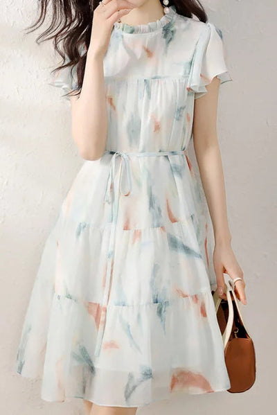 Ruffled Collar Flare Sleeve Tiered Dress with Lining