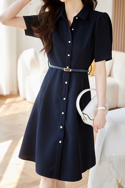Shirt Collar Belted Waffle Dress