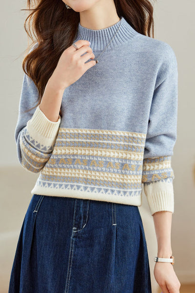 Slouchy Half-High Neck Color-Block Knit Top