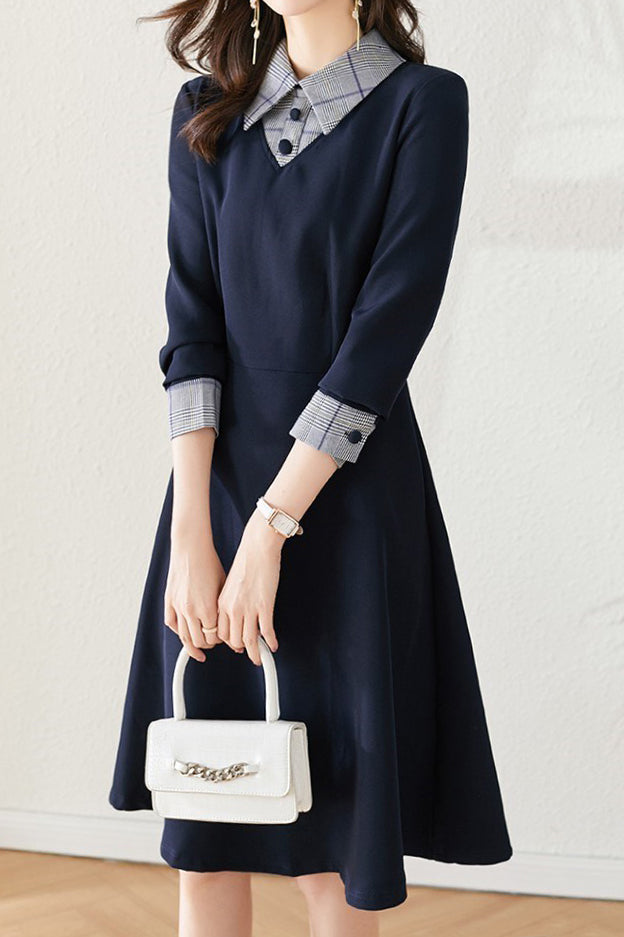 Mixed Material Shirt Collar Check Contrast Flare Dress