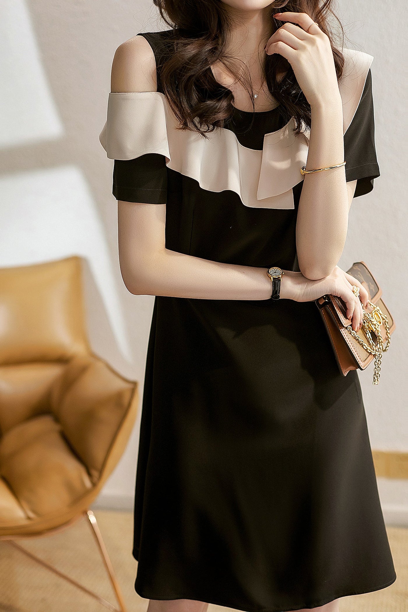 Asymmetrical Open Shoulder Frill Contrast Dress
