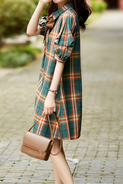 Ribbon Tie Check Pattern Dress