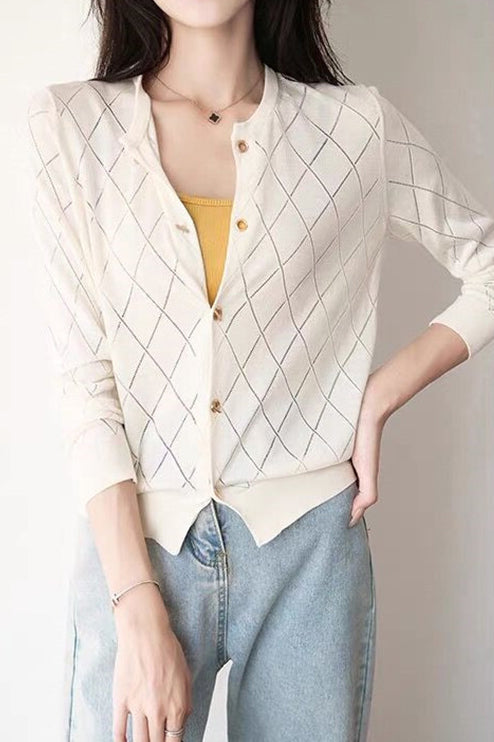 Round Neck Open Knit Check Pattern Cardigan - 3 Colors Available